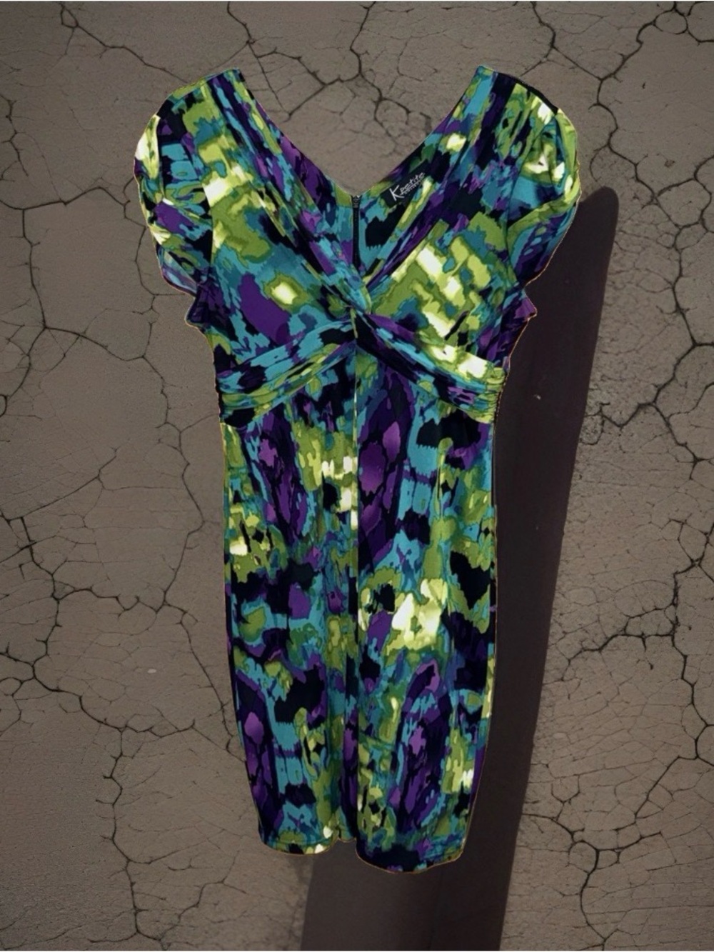 K Petite Collection Green Abstract Multi-Color Twist-Front Midi Dress-8P-EC